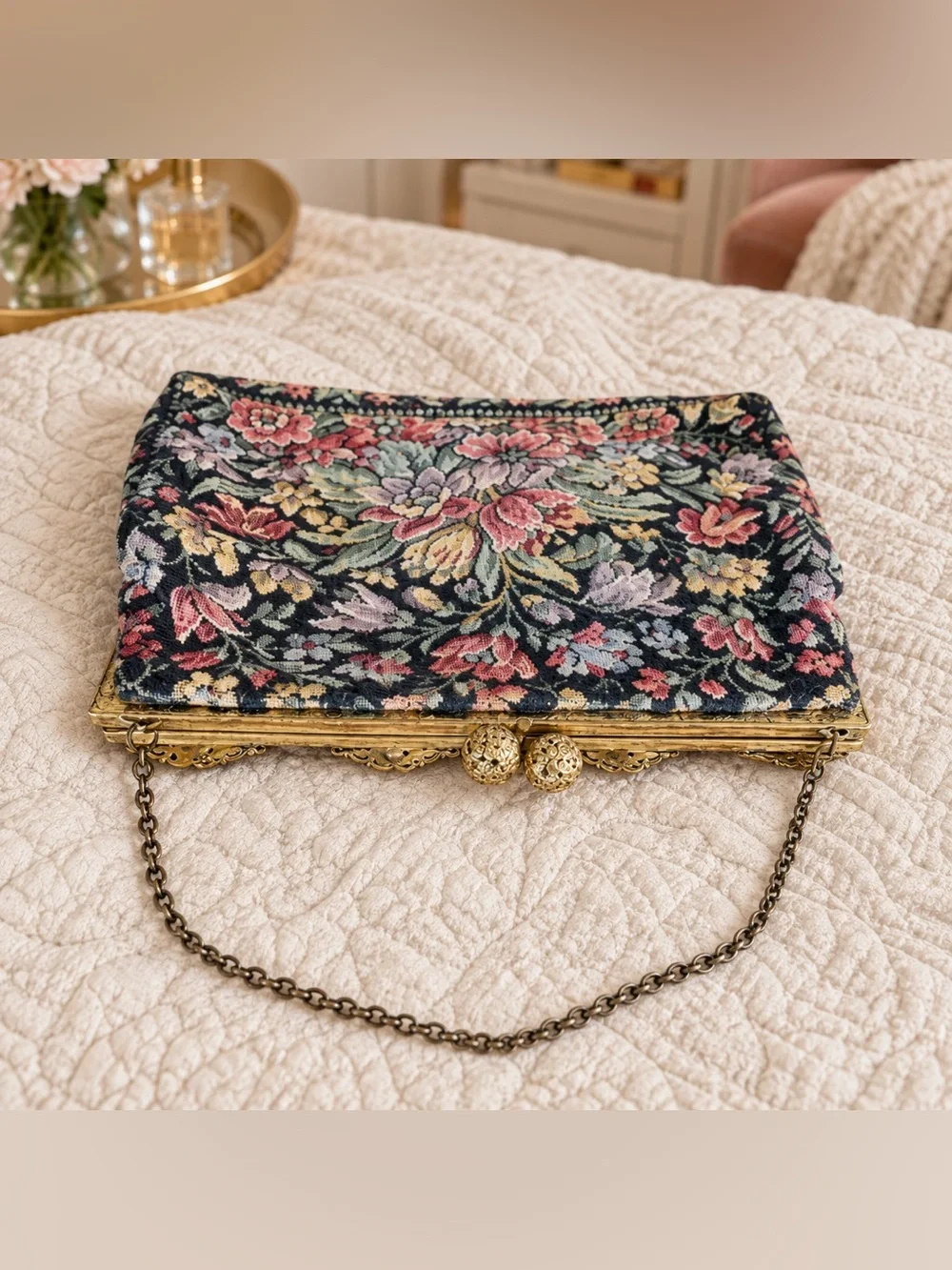 Vintage Floral Tapestry Crossbody Bag with Gold Frame
